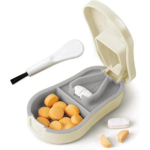 imagePill Cutter Splitter for Small and Tiny Pills  Pill Cutter 14  Accurately Cuts Multiple Pills  Easy Open Snap Button Detachable Nonslip VShaped Pad WrapAround Blade Guard Back Storage CyanBeige