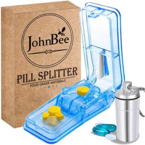 imageJohnBee Pill Cutter  Best Pill Cutter for Small or Large Pills  Designed in The USA Cuts Vitamins  Pill Splitter with Shield  Includes Keychain Pill Holder GrayBlue
