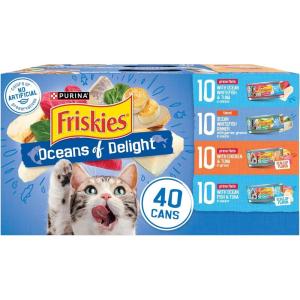 imageFriskies Purina Wet Cat Food Variety Pack Oceans of Delight Flaked and Prime Filets  48 ct Can55 Ounce Pack of 40