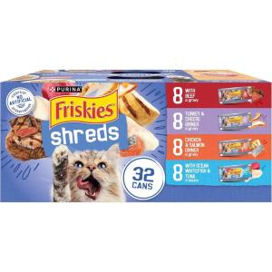 imagePurina Friskies Wet Cat Food Variety Pack Shreds With Beef Turkey and Cheese Dinner Chicken and Salmon Dinner and With Ocean Whitefish and Tuna  Pack of 40 55 oz Cans55 Ounce Pack of 32