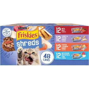 imagePurina Friskies Wet Cat Food Variety Pack Shreds With Beef Turkey and Cheese Dinner Chicken and Salmon Dinner and With Ocean Whitefish and Tuna  Pack of 40 55 oz Cans034 Fl Oz Pack of 48
