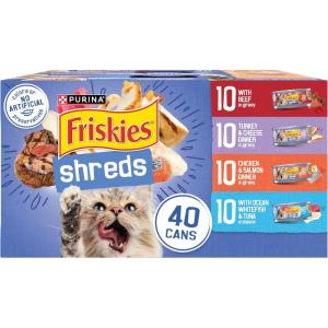 imagePurina Friskies Wet Cat Food Variety Pack Shreds With Beef Turkey and Cheese Dinner Chicken and Salmon Dinner and With Ocean Whitefish and Tuna  Pack of 40 55 oz Cans55 Ounce Pack of 40