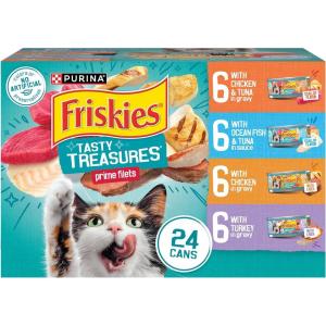 imagePurina Friskies Wet Cat Food Variety Pack Tasty Treasures Prime Filets With Chicken and Tuna With Chicken and With Ocean Fish and Tuna and With Turkey  Pack of 24 55 oz Cans