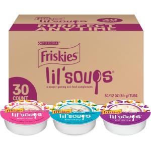 imagePurina Friskies Grain Free Wet Cat Food Lickable Cat Treats Variety Pack Lil Soups With Salmon Tuna or Shrimp  Pack of 30 12 oz Cups