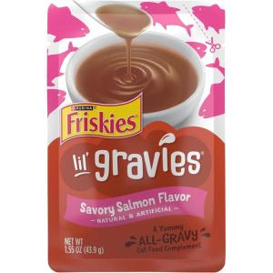imagePurina Friskies Lil Gravies Savory Salmon Flavor Cat Food Complement Lickable Cat Treats  Pack of 16 155 oz Pouches