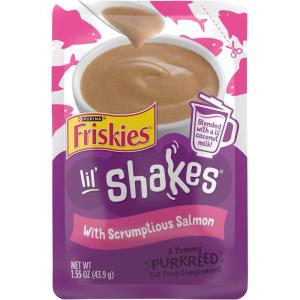 imagePurina Friskies Pureed Cat Food Topper Lil Shakes With Scrumptious Salmon Lickable Cat Treats  Pack of 16 155 oz Pouches