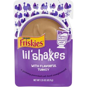 imagePurina Friskies Wet Pureed Cat Food Topper Lil Shakes With Flavorful Turkey Lickable Cat Treats  Pack of 16 155 oz Pouches