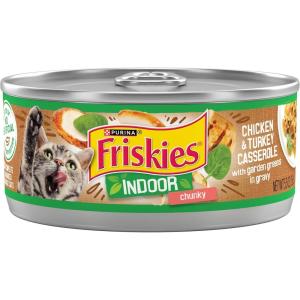 imagePurina Friskies Indoor Cat Food Chunky Chicken and Turkey Casserole With Garden Greens in Gravy 2455 Oz  Pack of 24 55 Oz Cans