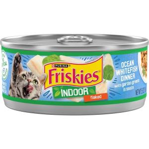 imagePurina Friskies Indoor Cat Food Flaked Ocean Whitefish Dinner With Garden Greens in Sauce  Pack of 24 55 oz Cans