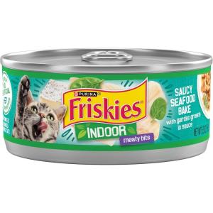 imagePurina Friskies Indoor Cat Food Meaty Bits Saucy Seafood Bake With Garden Greens in Sauce  Pack of 24 55 oz Cans