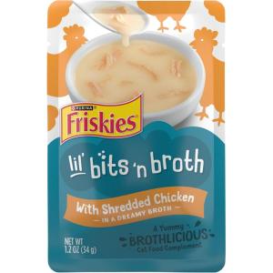 imagePurina Friskies Lickable Cat Treats Bits n Broth With Shredded Chicken in a Dreamy Broth  Pack of 16 12 oz Pouches