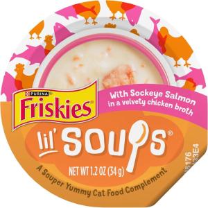 imagePurina Friskies Grain Free Lickable Cat Food Toppers Lil Soups With Sockeye Salmon in Chicken Broth  Pack of 8 12 oz Cups12 Ounce Pack of 8